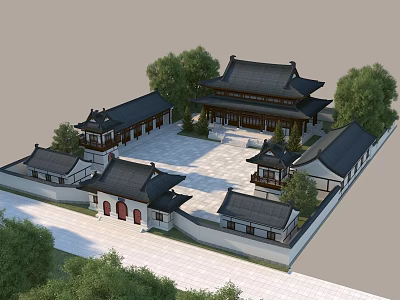 Ancient Chinese Architecture Courtyard With Traditional Roofs And Surrounding Trees 3d model