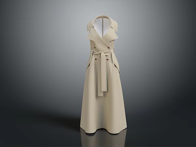 Beige Long Length Sleeveless Trench Coat With Double Breasted Design And Belt 3d model