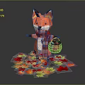 Cartoon Orange Fox Character Wearing Checkered Scarf Holding Wooden Bucket Surrounded by Colorful Maple Leaves
