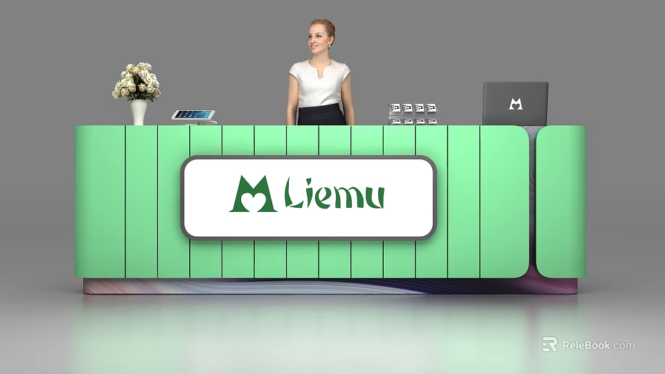 Green Reception Desk with Liemu Logo Flower Vase Tablet Laptop and Receptionist 3d model 