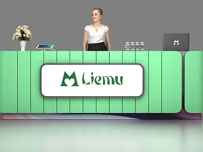 Green Reception Desk with Liemu Logo Flower Vase Tablet Laptop and Receptionist 3d model