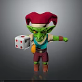 3D Green Goblin Character With Red Jester Hat Holding White Dice And Colorful Outfit