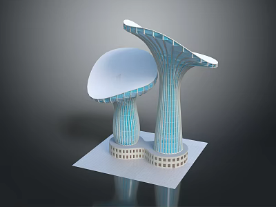 Mushroom Shaped Modern Buildings With Blue Glass Curtain Walls And White Bases 3d model