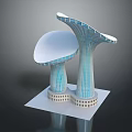 Mushroom Shaped Modern Buildings With Blue Glass Curtain Walls And White Bases