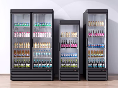 Glass Door Refrigerators and Freezers Stocked with Various Colored Beverages on Wooden Floor 3d model