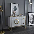 Elegant Modern Entryway Console Table With White Cabinet Gold Accents Artwork And Decorative Items