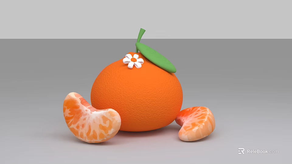 Orange Photo Spot With Whole Orange Green Leaf White Flowers Peeled Segments On Gray Background 3d model 