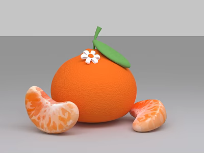 Orange Photo Spot With Whole Orange Green Leaf White Flowers Peeled Segments On Gray Background 3d model