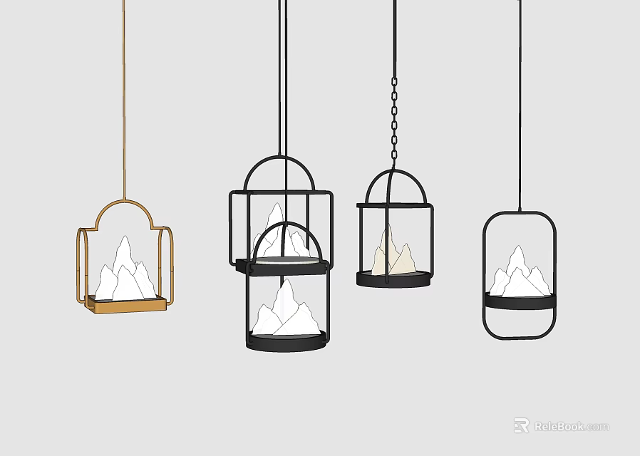 Modern Cage Shaped Pendant Lights With Mountain Decor And Gold Black Frames 3d model