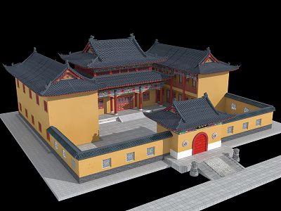 Ancient Chinese Architecture with Yellow Walls Black Roofs Overhanging Eaves and Red Door Courtyard 3d model