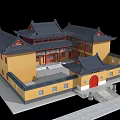 Ancient Chinese Architecture with Yellow Walls Black Roofs Overhanging Eaves and Red Door Courtyard