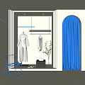 Modern Shop Window Display Featuring White Dresses Blue Chair Curtain Plant Shoes and Boxes