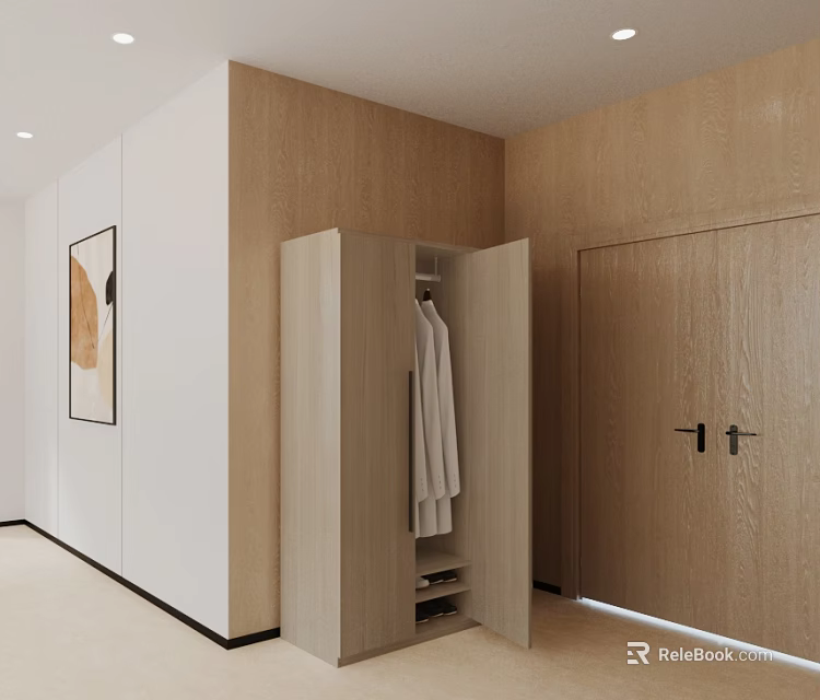 Modern Open Wardrobe Interior With Hanging Clothes Storage And Wooden Wall Design 3d model 