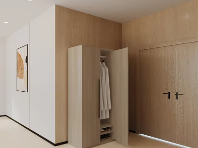Modern Open Wardrobe Interior With Hanging Clothes Storage And Wooden Wall Design 3d model