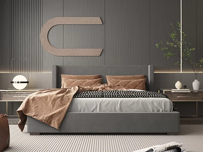 Double Bed in Bedroom with Grey Background Wall C Shaped Decor Brown Pillows and Blanket 3d model