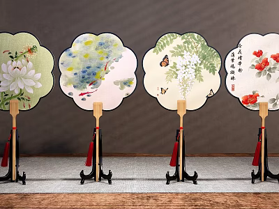 Traditional Decorative Ornament Set With Round Fans Floral Patterns Butterfly Designs And Black Stands 3d model