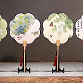 Traditional Decorative Ornament Set With Round Fans Floral Patterns Butterfly Designs And Black Stands