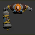 Bald Head Game Movie Character With Orange Scarf And Robe Holding Shield With Yellow Ornament