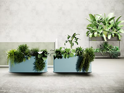 Modern Bonsai Potted Plants With Blue Containers And Diverse Green Foliage In Gray Indoor Space 3d model