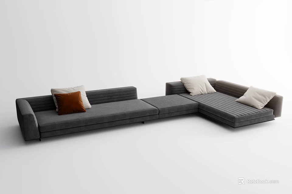 Large Modern Gray Sectional Sofa with Brown and White Throw Pillows 3d model