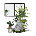 Decorative Garden Ornament With Rockery Bamboo Palm Leaves And Potted Plants
