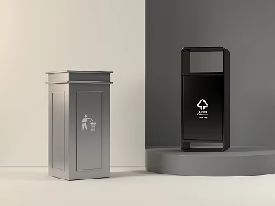 Modern Design Silver and Black Household Recycling Trash Bins with Symbols for Home Waste Classification 3d model
