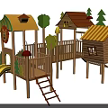 Wooden Playground Play Equipment with Tree House Slide Fence Climbing Net and Decorative Trees