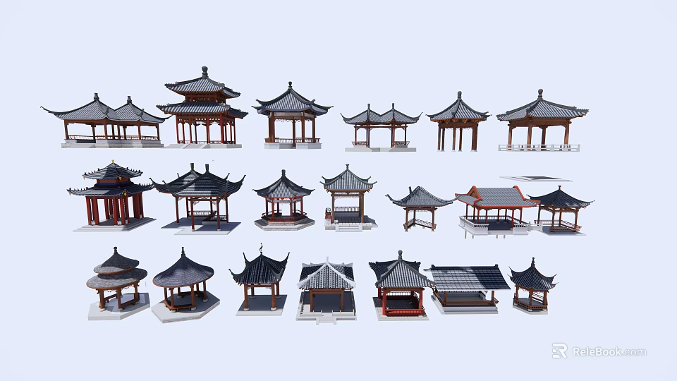 Traditional Chinese Pavilion Architectural Models With Various Roof Designs And Classic Styles 3d model 