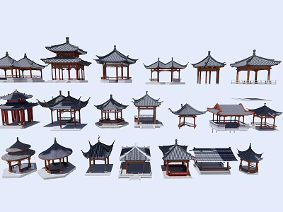Traditional Chinese Pavilion Architectural Models With Various Roof Designs And Classic Styles 3d model