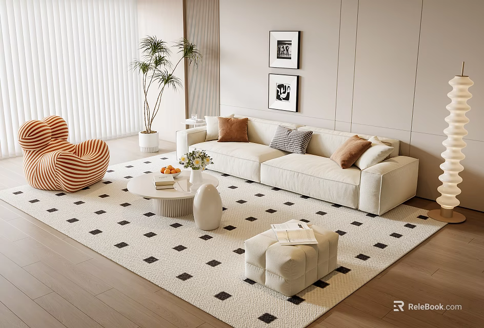 Modern Minimalist Beige Sofa And Coffee Table Set With Cushions Black White Diamond Rug Potted Plant And Framed 3d model 