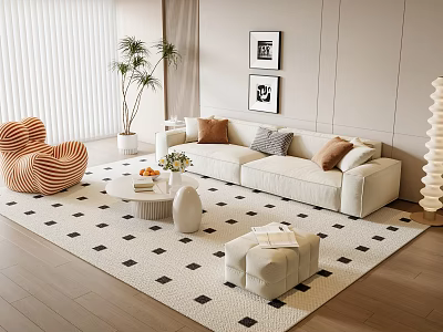 Modern Minimalist Beige Sofa And Coffee Table Set With Cushions Black White Diamond Rug Potted Plant And Framed 3d model