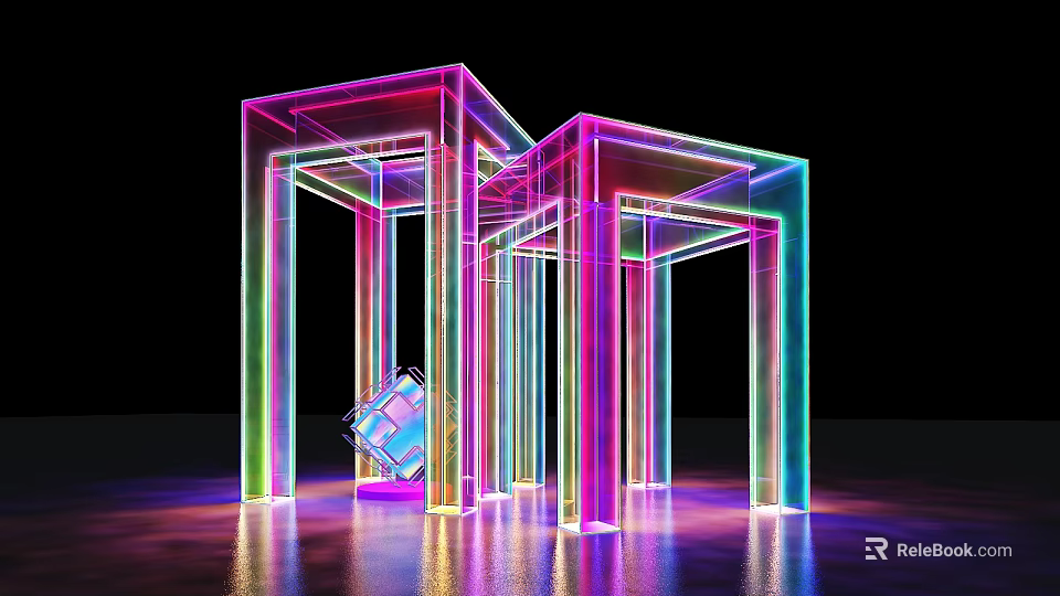 Colorful Transparent Pillar Structure With Neon Lights And Geometric Shape On Reflective Floor 3d model 