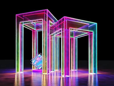 Colorful Transparent Pillar Structure With Neon Lights And Geometric Shape On Reflective Floor 3d model