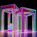Colorful Transparent Pillar Structure With Neon Lights And Geometric Shape On Reflective Floor