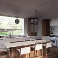 Modern Kitchen Interior With White Cabinets Wooden Island Pendant Lights TV And Decorative Painting