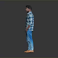 A Man In Blue And White Plaid Shirt Blue Pants Brown Shoes On Gray Background