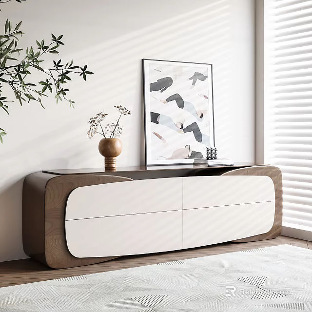 Modern Entryway Cabinet Sideboard With White Wooden Vase Plant And Abstract Artwork By Window Blinds 3d model 