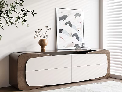 Modern Entryway Cabinet Sideboard With White Wooden Vase Plant And Abstract Artwork By Window Blinds 3d model