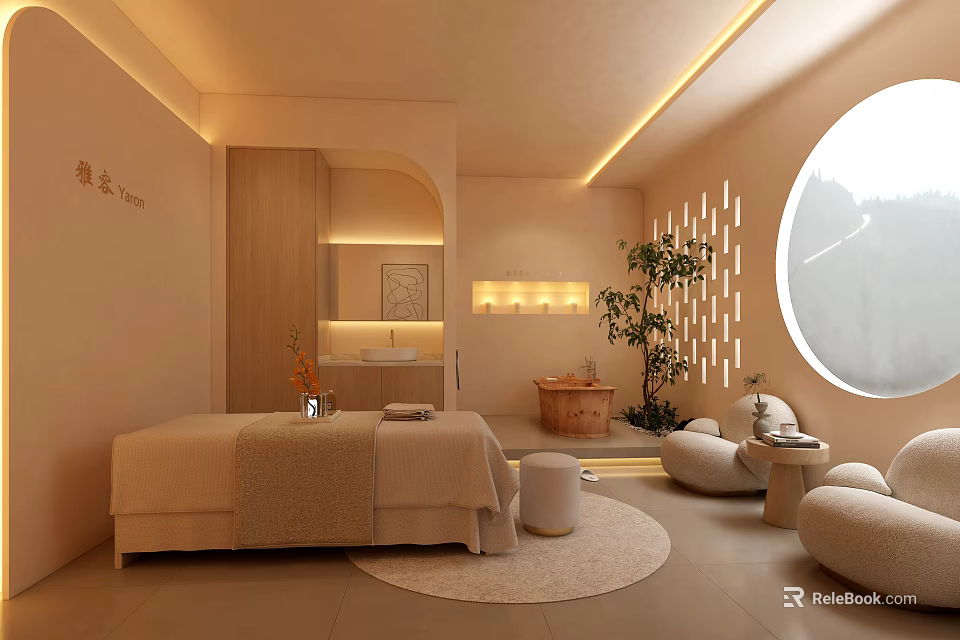 Cozy SPA Sauna Space With Massage Bed Wooden Tub And Round Window 3d model 