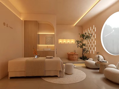Cozy SPA Sauna Space With Massage Bed Wooden Tub And Round Window 3d model