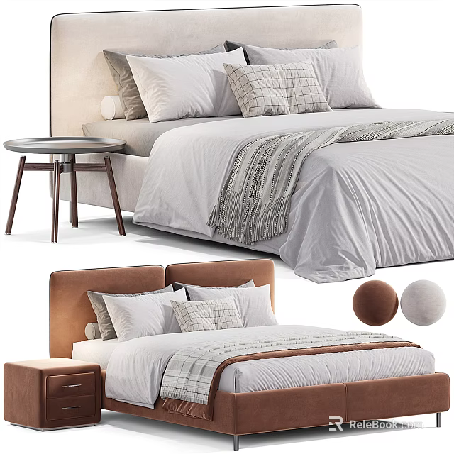 Modern Double Bed with Brown Headboard Plaid Pillows Striped Blanket Nightstand and Round Cushions 3d model 
