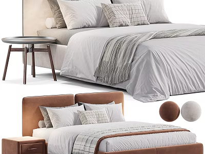 Modern Double Bed with Brown Headboard Plaid Pillows Striped Blanket Nightstand and Round Cushions 3d model