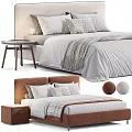 Modern Double Bed with Brown Headboard Plaid Pillows Striped Blanket Nightstand and Round Cushions