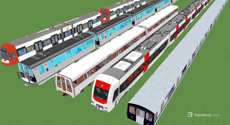 Subway Train Models In Various Colors And Designs Arranged On Green Ground 3d model 