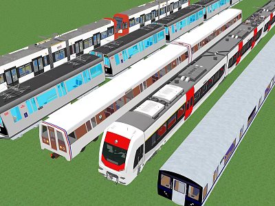 Subway Train Models In Various Colors And Designs Arranged On Green Ground 3d model