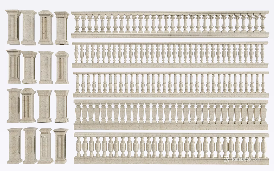 Collection Of Decorative Stone Fence Designs With Columns And Railings 3d model 