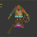 Horned Blue Skinned Game Movie Character With Muscular Body Red Ornaments And Spiked Weapon
