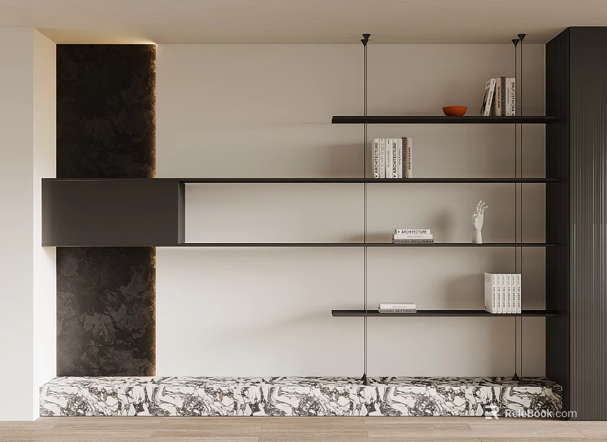 Modern Black Bookcase with Open Shelves on White Wall Featuring Books Decor and Dark Accent 3d model 