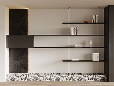 Modern Black Bookcase with Open Shelves on White Wall Featuring Books Decor and Dark Accent 3d model