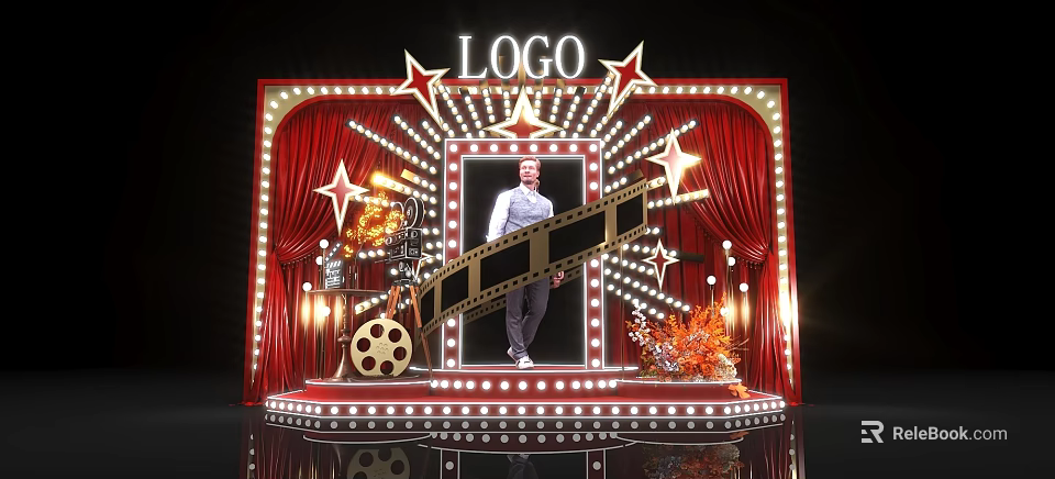 Movie Themed Photo Check In Spot with Red Curtains Stars Film Reel And Spotlights 3d model 